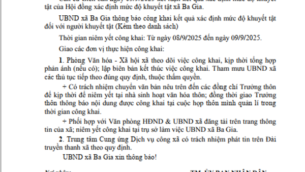 Thông báo về việc niêm yết công khai kết quả xác định mức độ khuyết tật